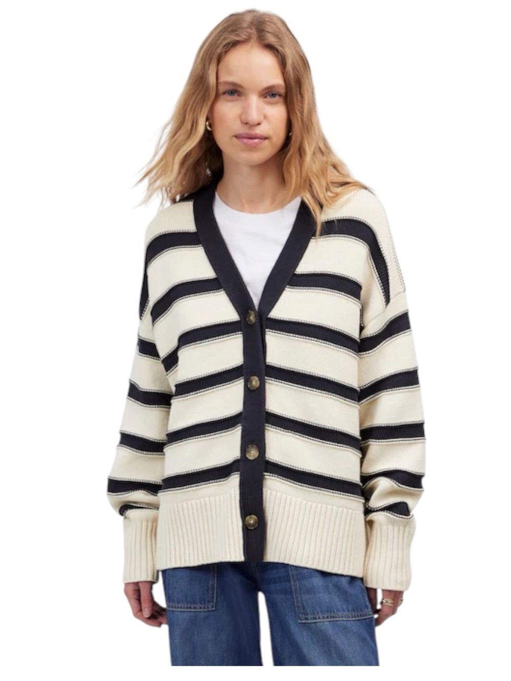 NWT Creamon Cream/Navy Bold Stripe Cotton Blend Oversized Cardigan (M/L)